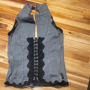 Tripp NYC Gray Halter Top with Black Lace